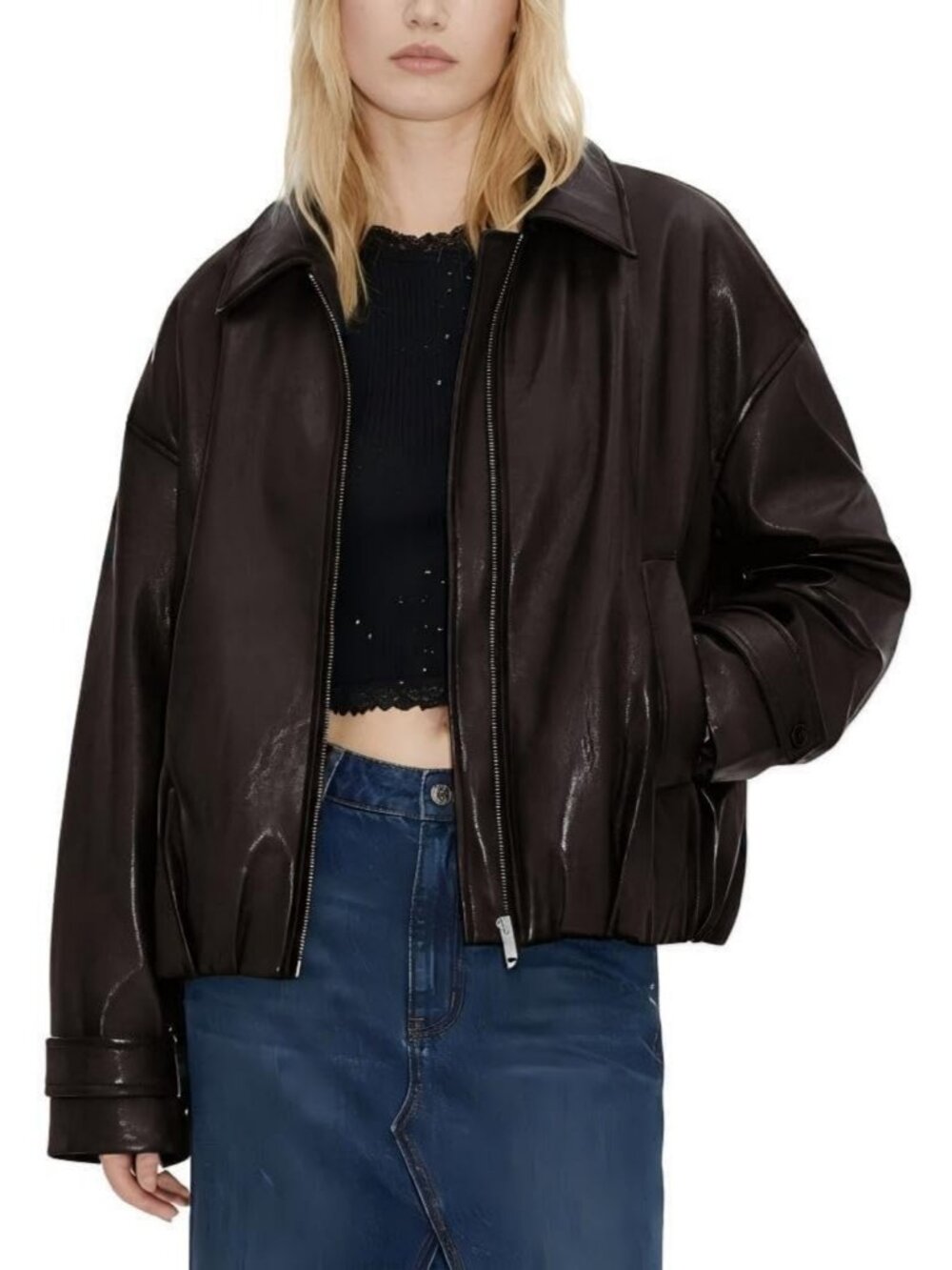Oversized Faux Leather Bomber Jacket - Zip-Up Aviator Coat, Relaxed Fit